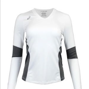NWT ASICS Decoy V Neck Long Sleeve T-Shirt Medium Womens gray and White dry fit